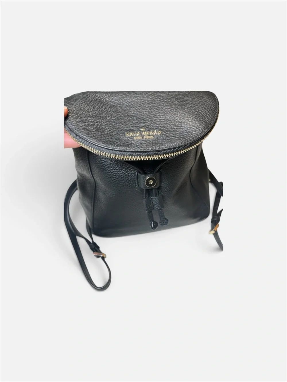 kate spade Black Leather Drawstring Flap Backpack
